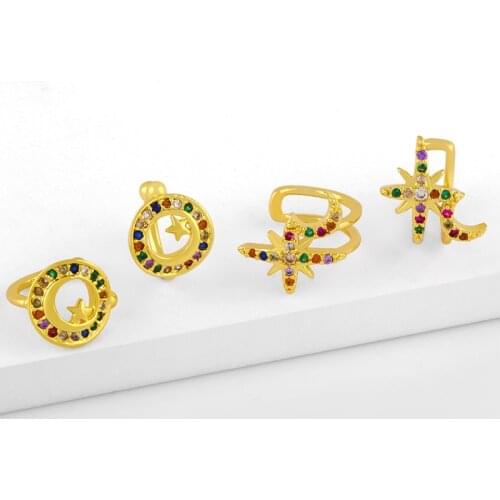 FLOLA Cute Gold Vermeil Star And Moon Clip On Earrings Multicolor Micro Pave Stone Ear Cuffs Fake Percing Rainbow Jewelry ersw28
