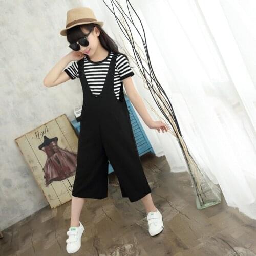 Girls striped t-shirt strap pants suit Girl pants pants vest suit Girls cool summer fashion two-piece suit Girl t-shirt pants se