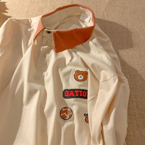 Contrast Apricot Cotton POLO Shirts Vintage Bear Embroidery Oversized T Shirts Summer Tops Teens Fashion American Casual Couple