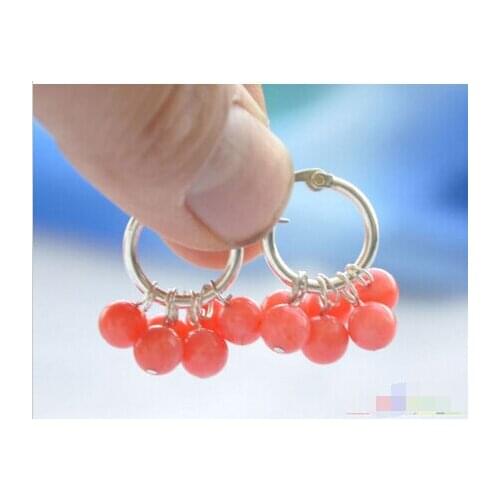 Jewerly free shipping S1580 6 mm naturelle rose corail ronde dangle boucle d'oreille 925 argent