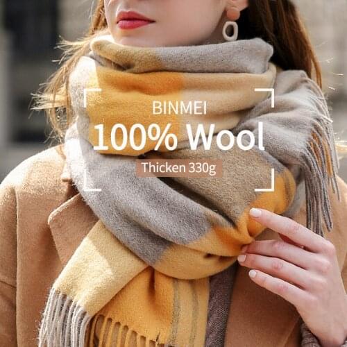 Plaid 100% Wool Scarf for Women Thicken Warm Wool Shawls and Wraps Ladies Echarpe Pashmina Winter Cashmere Scarves Foulard Femme
