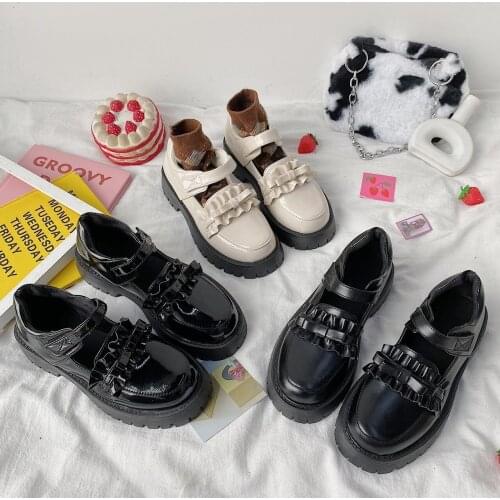 Japanese Style Leather Oxford Vintage Lolita Women Shoes Square Heels Platform College Student Ruffles Hook & Loop Casual Shoes