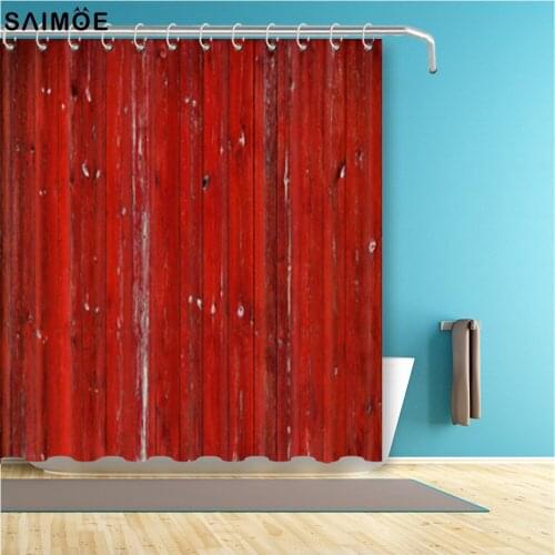 Red Wooden Board Shower Curtain Bathroom Waterproof Fabfic Curtains 71x71inches