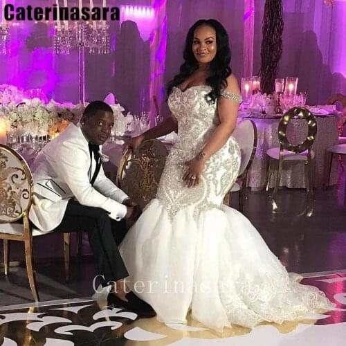 Lace Beads Off-the-shoulder Mermaid Wedding Dress Zipper Organza Train Bridal Gown Plus Size