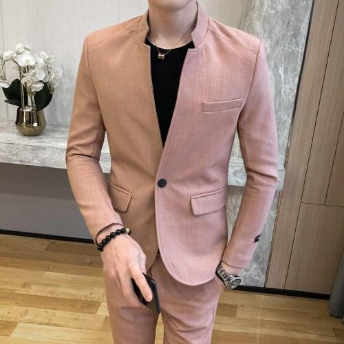 Jacket+Pants) 2021 New Male Wedding Prom Suit Solid Color Slim Fit Men Formal Business Work Wear Suits 2Pcs Set Blazer Pants
