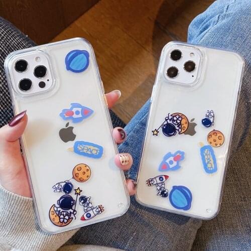 Cute Astronaut Space Planet Rocket Phone Case for iPhone 12 Mini 11 Pro Max Dynamic Liquid Quicksand Sliding Blocks Clear Cover
