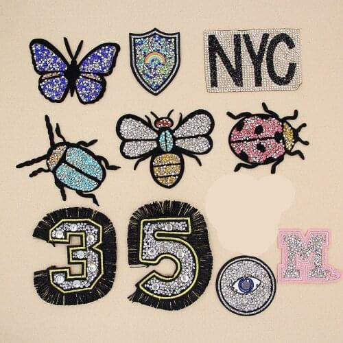 PGY Crystal Rhinestone Letter Bee Butterfly Eyes Patches for Clothing Iron on Clothes Appliques Badge Stripes Fabric Sticker