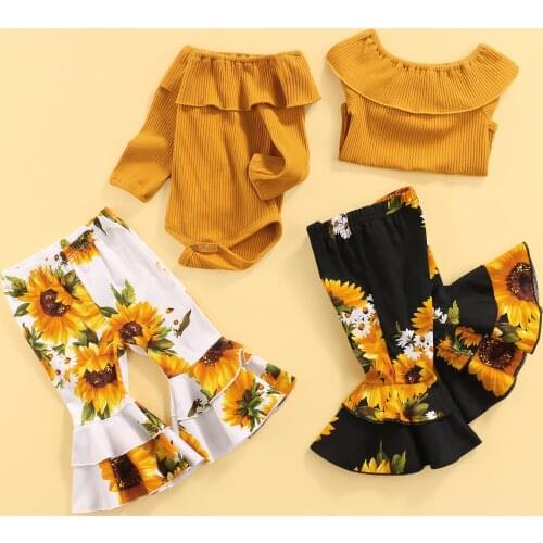 2Pcs Newborn Baby Girls Casual Outfits Set Fashion Toddler Ribbed Long Sleeve Ruffle Playsuit+Sunflower Print Flared Pants Suit