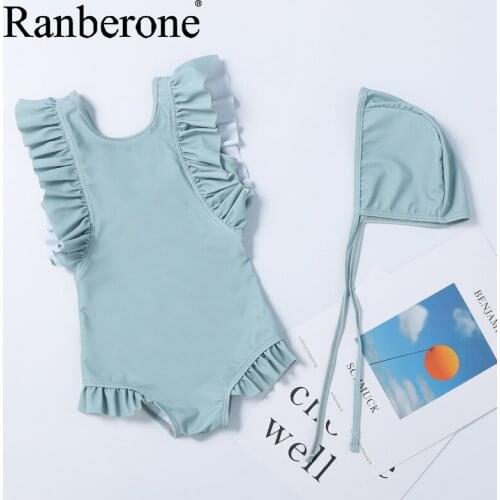 Ranberone 2020 One Piece Summer Kid Baby Girls Ruffle Bikini Beach Swimsuit Solid Color Swimwear Bathing Bikini Suit