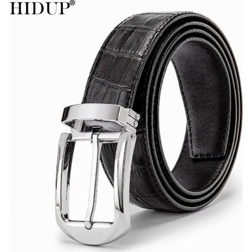 HIDUP Top Quality Simple Design Pin Buckle Metal Belts Men Striped Black Cow Genuine Leather Belt 3.3cm Width Clothes NWJ105