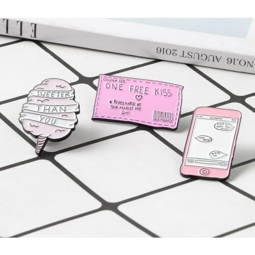 Romantic Sweet Love Life Pins One Free Kiss Coupon Pink Sweet Candyfloss Funny SMS Badge Enamel Brooches Pink Pin for Girlfriend