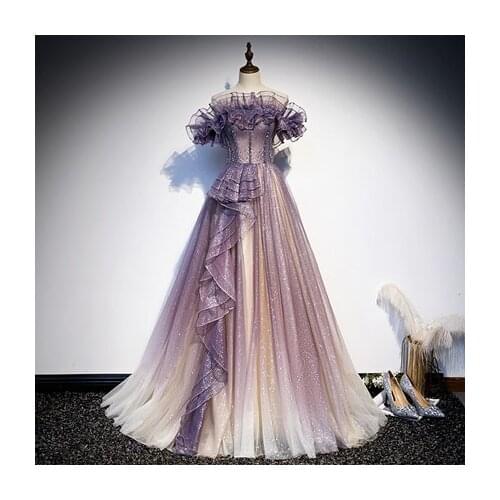 Luxury purple beading glitter ruffled royal queen long dress medieval Renaissance Victoria ball gown
