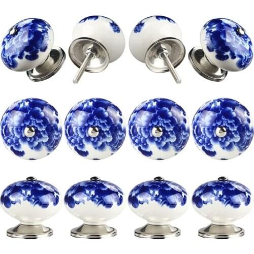 12Pcs Handmade Ceramic Door Knobs For Cupboards Cabinet Knobs Blue On White Wardrobe Door Handles Comes With Screw Cap