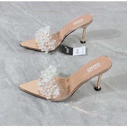 Womens Sandals High Heels Fashion Crystal String Bead Pointed Toe PVC Stiletto Sandals Outside Sexy Party Shoes 10CM