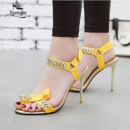 Sgesvier Women Sandals High Heels Shoes Peep Toe Buckle Straps Summer Thin Heels Ladies Party Shoes Yellow Size 31-46 G339