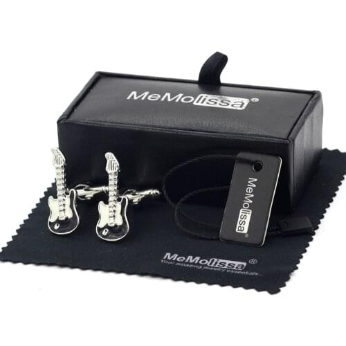 MeMolissa Display Box Men Jewellery Guitar Cufflinks Black and White Enamel Musical Instruments Design Free Tag & Wipe Cloth
