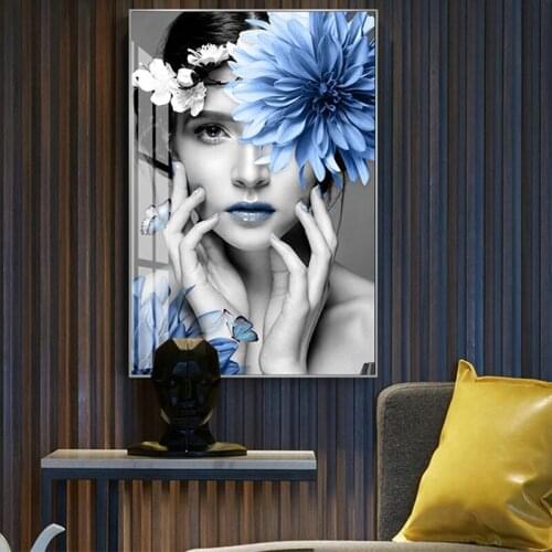 Nordic Poster And Floral Pattern Girl Cartoon Portrait Wall Art Canvas Painting PictureLiving Room Home Decoration Scandinavian