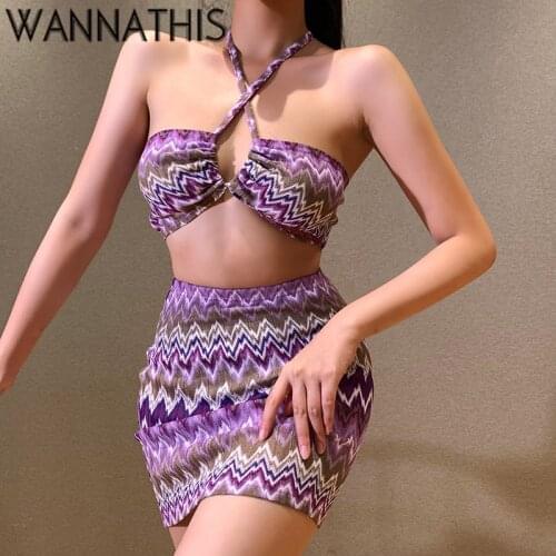 WannaThis Y2K Knit Cropped Top Skirt Two Pieces Sets Sleeveless Halter Wave Print Vacation Top and Mini Skirts Summer Sexy Sets