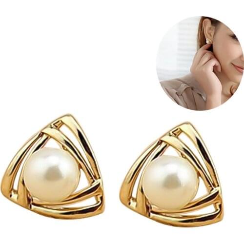 2021 New Hot sale Women Faux Pearl Inlaid Double Triangle Crossover Ear Stud Earrings Jewelry Gift