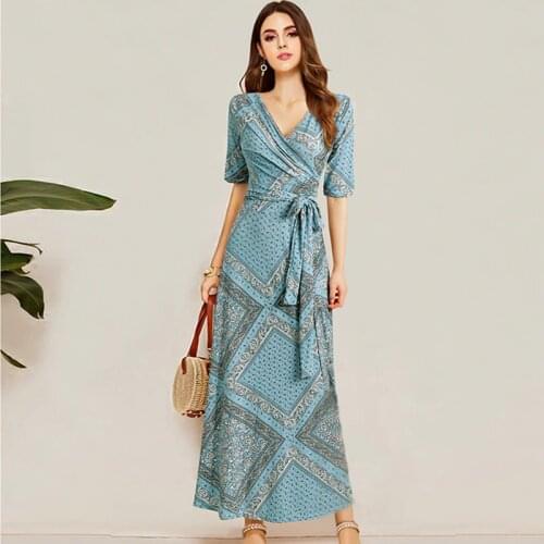 Women Summer Dress V-neck Print Ladies Short Sleeve Slim Casual Sashes Long Dresses Vestiods