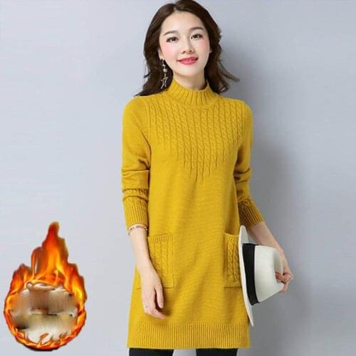 2019 Autumn Winter Woman Fashion Loose Fleece Knitted Pullovers Sweater Dress Female Casual Warm Plus Velvet Knitwear Jumper X94
