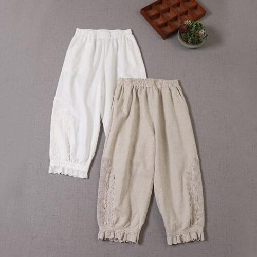 Japan Style Mori Girl Cotton and linen Embroidery Lace Casual Pants Loose Elastic Waist Women Cropped Bloomers