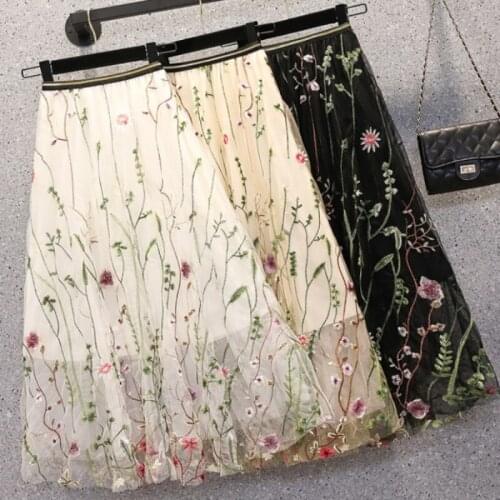 Floral Embroidered A-line Long Tulle Skirts