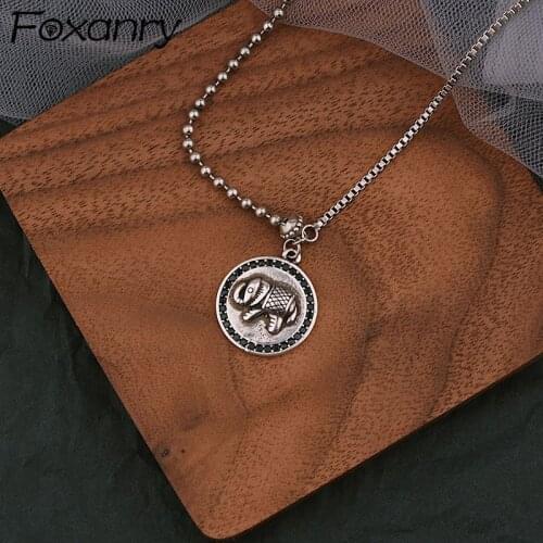 Foxanry 925 Sterling Silver Necklace for Women New Trend Vintage Creative Cute Elephant Splicing Chain Black Zircon Jewelry Gift