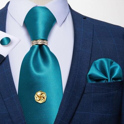 Fashion Teal Blue Solid Mens Silk Tie Set 8cm Necktie Handkerchief Brooch Wedding Party Formal Men Necktie Gravata Ties DiBanGu