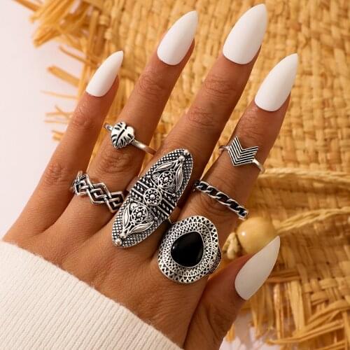 HuanTang 7pcs Vintage Opal Finger Knuckle Rings Set for Women Geometric Silver Color Love Heart Ring Female Jewelry Anillos