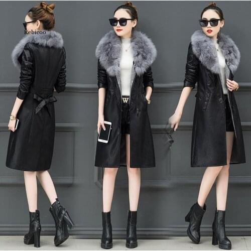Pu Leather Faux Fur Women Long Coat Casual Plus Size 5Xl Slim Coat Black Faux Fur Collar Jacket Coat