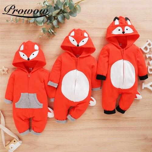 Prowow Cartoon Fox Baby Boy Rompers Zipper Newborns Jumpsuit For Kids Toddler Costume Winter Baby Hooded Clothes Infant Outfits