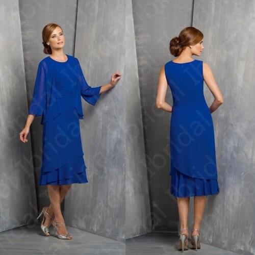 2021 On Sale Blue Short Mother of the Bride Dresses Two Pieces Jewel Neck Sleeveless Knee Length Wedding Party Dress with Shawl