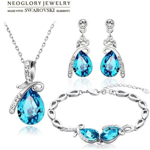 Neoglory Austria Crystal & Rhinestone Jewelry Set Water Drop Design Stylish Necklace & Earrings & Bracelet Trendy Lady Gift