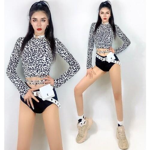 Leopard Long Sleeve Pole Dance Costume Women Nightclub Bar Party Gogo Dancing Performance Clothing Clubwear Rave Outfit YS2105