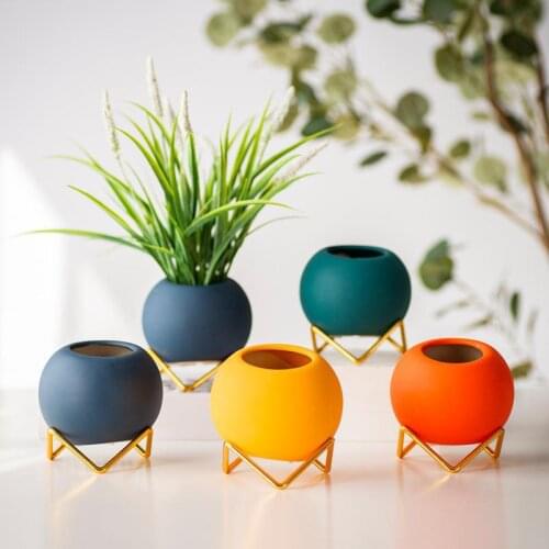 Creative Ceramic Vase Morandi Modern Minimalist Succulent Flower Pot Flower Arrangement Green Iron Frame Ball Bottle