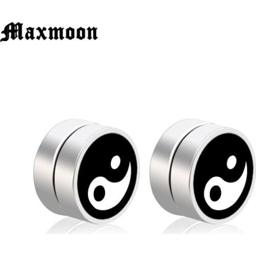 Maxmoon Black Double Sided Stainless Steel Magnetic Earrings For Men Magnet Stud Earrings Without Piercing Male No pierced