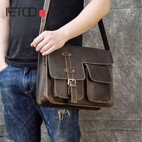 AETOO Mens leather shoulder bag, crazy horse leather messenger bag, first layer cowhide male business briefcase