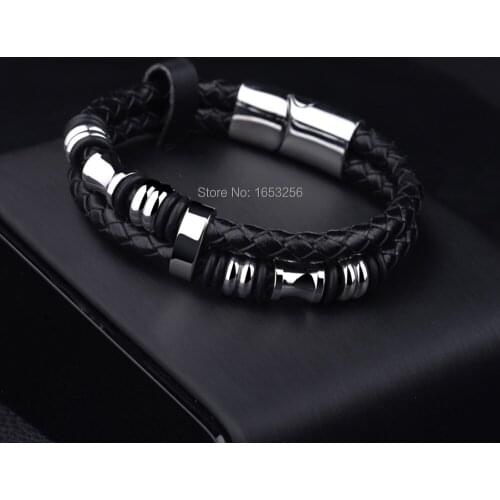 100% Cool Black Genuine Leather Bracelet Charm Wristband Mens Stainless Steel Clasp Gifts Jewelry 8.07