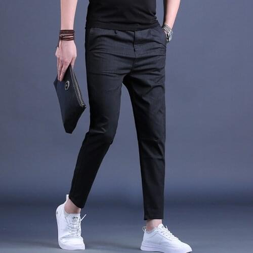 New Men Clothing Casual Pants Male Summer Black Thin Slim Fit Ankle-Length Pants
