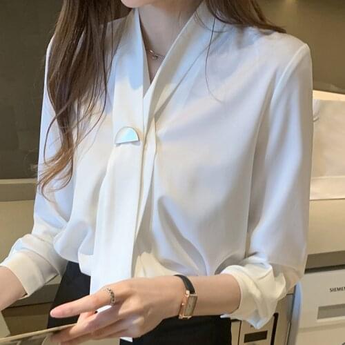 Autumn Long Sleeve White Blouse Tops Women Blouse Women Blusas Mujer De Moda 2021 Bow V-Neck Chiffon Blouse Shirt Blusa D616