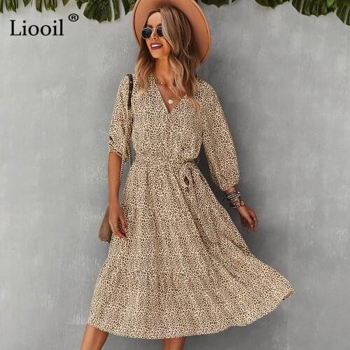 Liooil Printed Midi Dress For Women 2021 V Neck Bandage Long Sleeve Dresses Casual Ladies Autumn Winter Vacation Long Dress