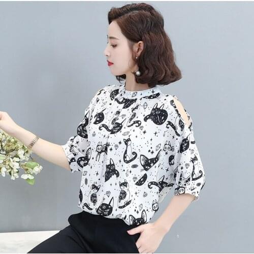 Off Shoulder Women Spring Summer Style Chiffon Blouses Shirts Lady Casual Half Sleeve Stand Collar Cat Printed Blusas Top ZZ0754
