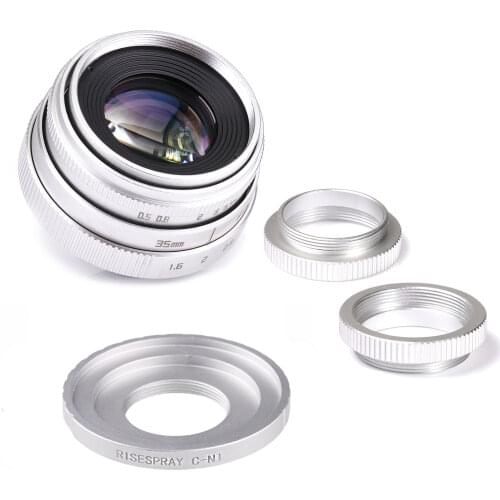 Silver Mini 35mm f/1.6 APS-C CCTV Lens+adapter ring+2 Macro Ring for NIKON1 Mirroless Camera J1/J2/J3/J4/J5