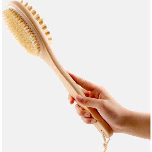 New Natural Long Wood Wooden Body Brush Massager Bath Shower Back Spa Scrubber Double-sided Massage Bathroom Bath Brush Hot Sale