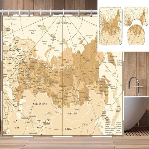 Modern World Map Printed Waterproof Eco-friendly Shower Curtain 4-piece Bathroom Non-slip Bath Mat Toilet Mat