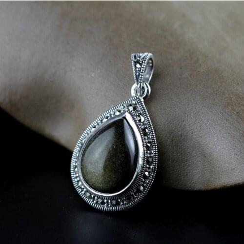 Thai Silver Natural Black Obsidian Drop Pendant Necklace Amulet Lucky Pendant Maitreya Auspicious Jewelry For Women Men