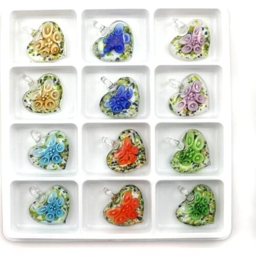 Trendy Heart Shape Flower Design All Glass Pendant White Back Spot Murano Glass Charms For DIY Necklace 12pcs