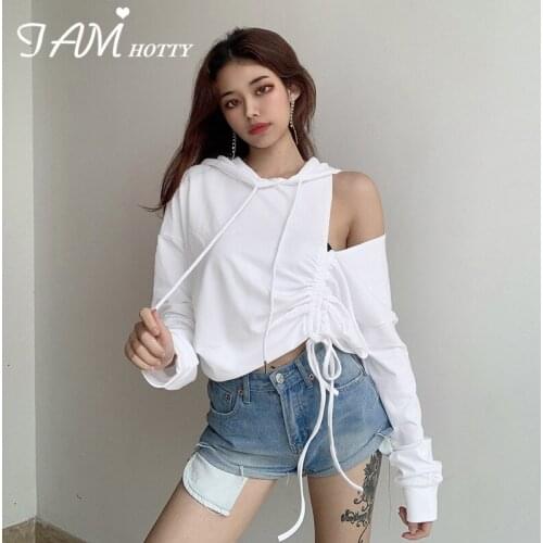 Ruched Hollow Out Cropped Hoodies Women Casual Loose Vintage Long Sleeve Cotton Hooded Sweatshirts Pullover Girls Femme Iamhotty