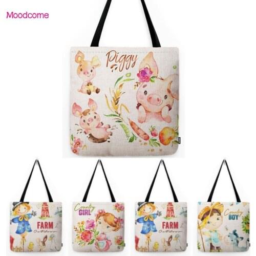 Watercolor Lovely Farm Art Country Boy and Girl Cartoon Nursery Art Water Resistant Large Tote Bag Cotton Linen Shoulder Bag